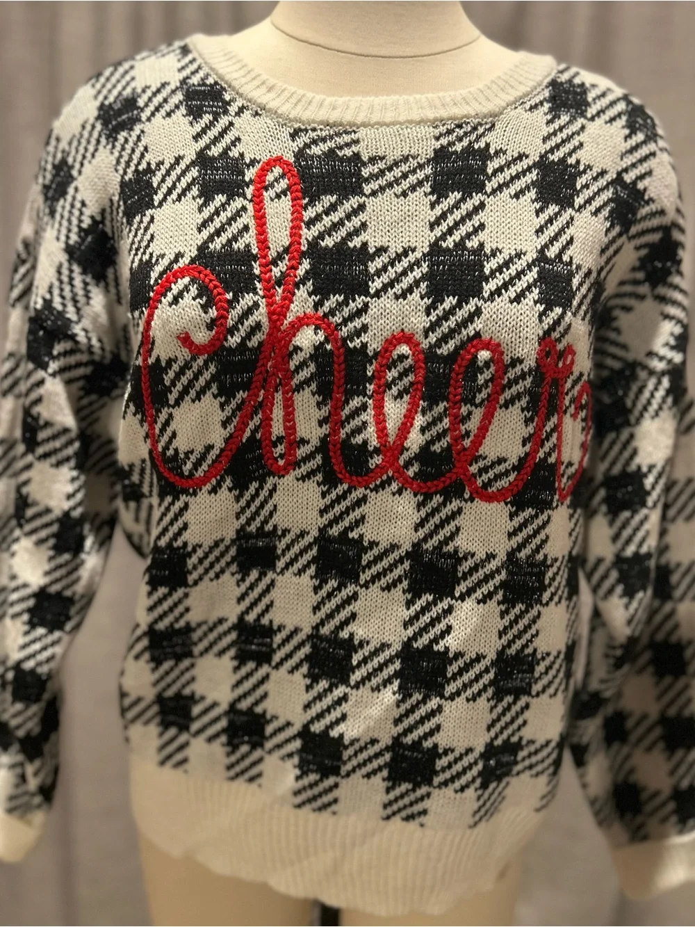 Black & Ivory Houndstooth Crewneck Sweater with Red Script